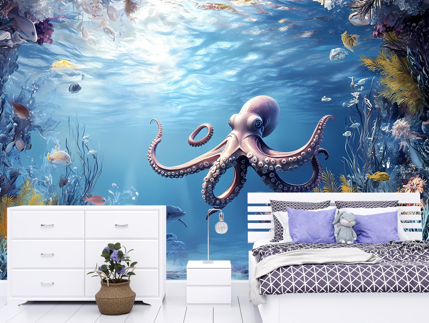 Underwater Ocean Wall Mural for Kids Room – Octopus & Sea Life Scene – Colorful Sea Nursery Wallpaper Vn010