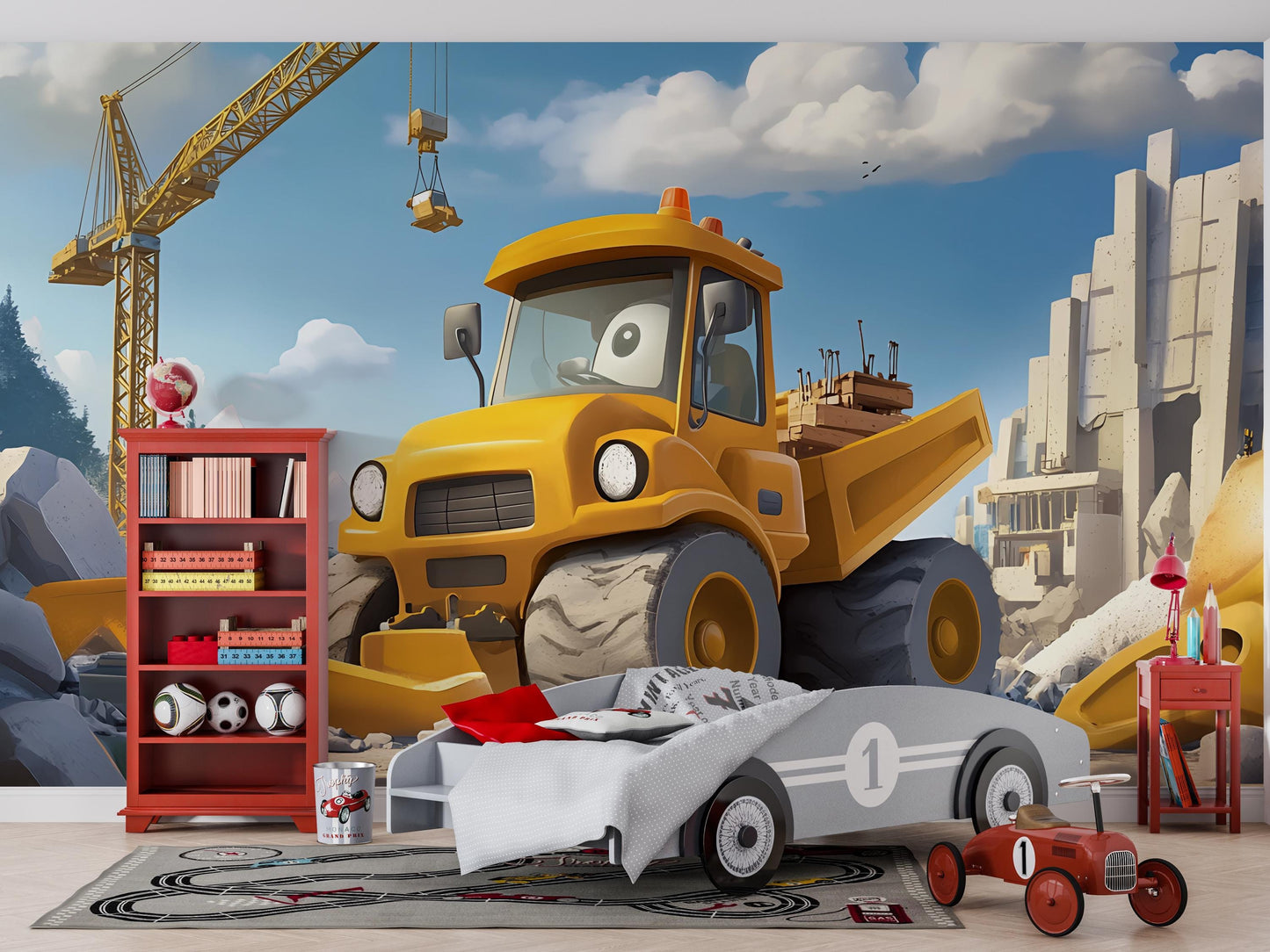 Cartoon Construction Vehicle Wall Mural – Kids Room Decor with Bulldozer & Cranes Vn442
