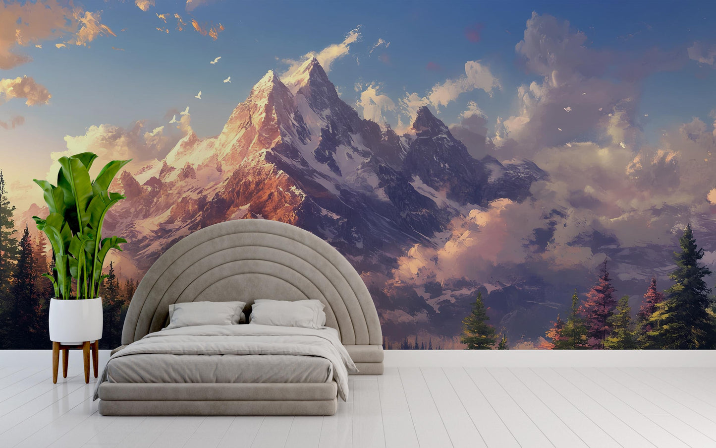 Mountain Wall Mural – Scenic Nature Landscape Wallpaper for Bedroom | Serene Forest & Alpine Peaks | Cozy Cabin Wall Art Décor Vn250