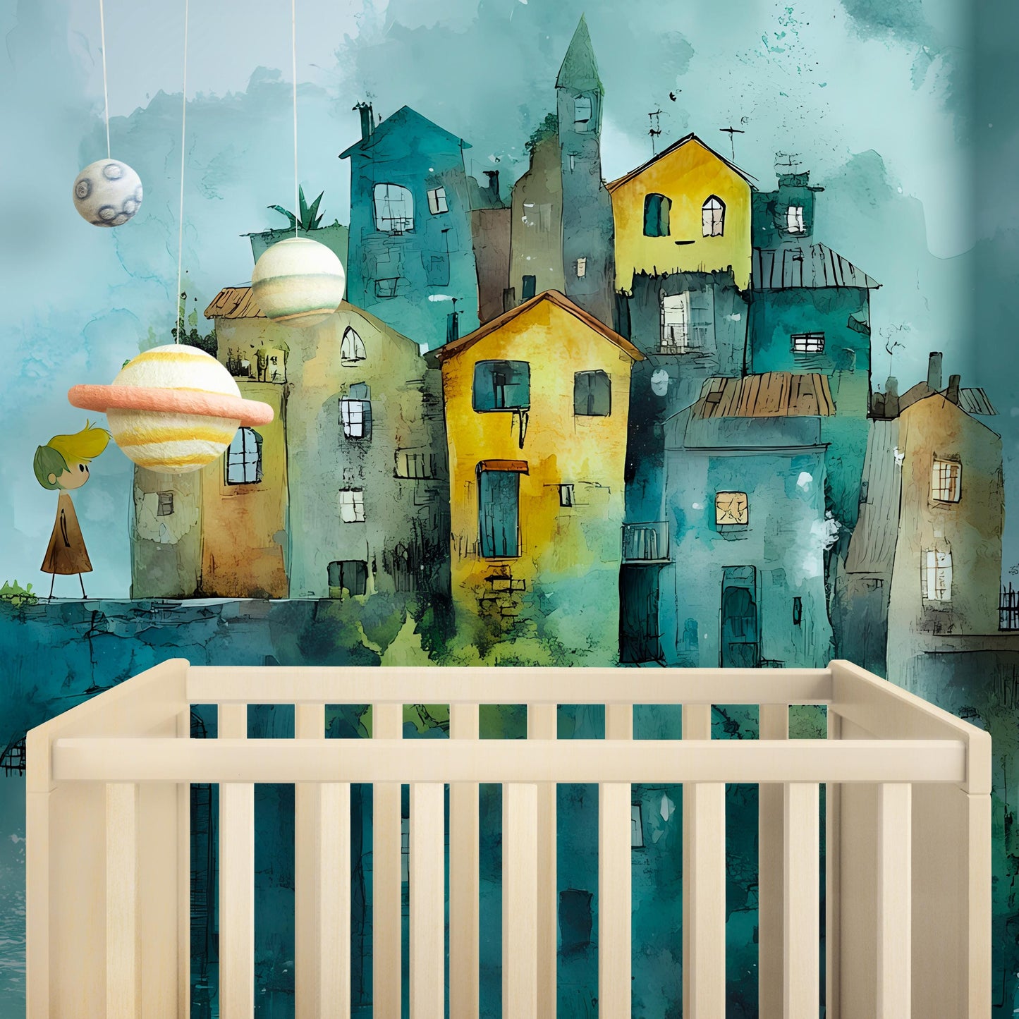 Whimsical Village Nursery Wall Art | Watercolor Houses Mural with Planet Mobile | Dreamy Baby Room Decor Vn086