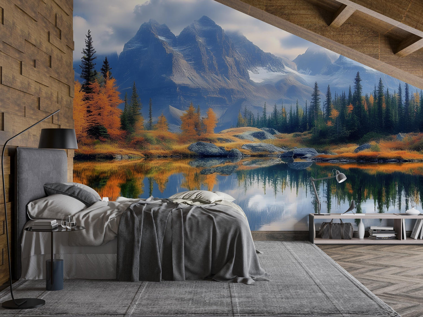 Mountain Lake Wall Mural – Scenic Nature Wallpaper for Bedroom, Forest & Alpine Landscape Art, Large Removable Wall Decor Vn252