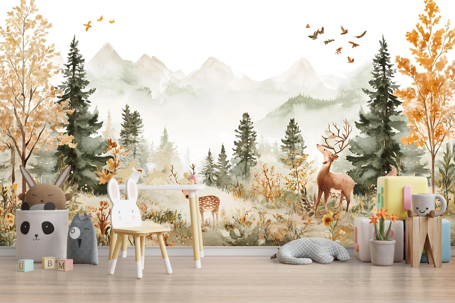 Woodland Forest Nursery Wallpaper Mural – Deer & Mountain Scene for Kids Room | Peel Stick or Traditional Wall ArtVn 294