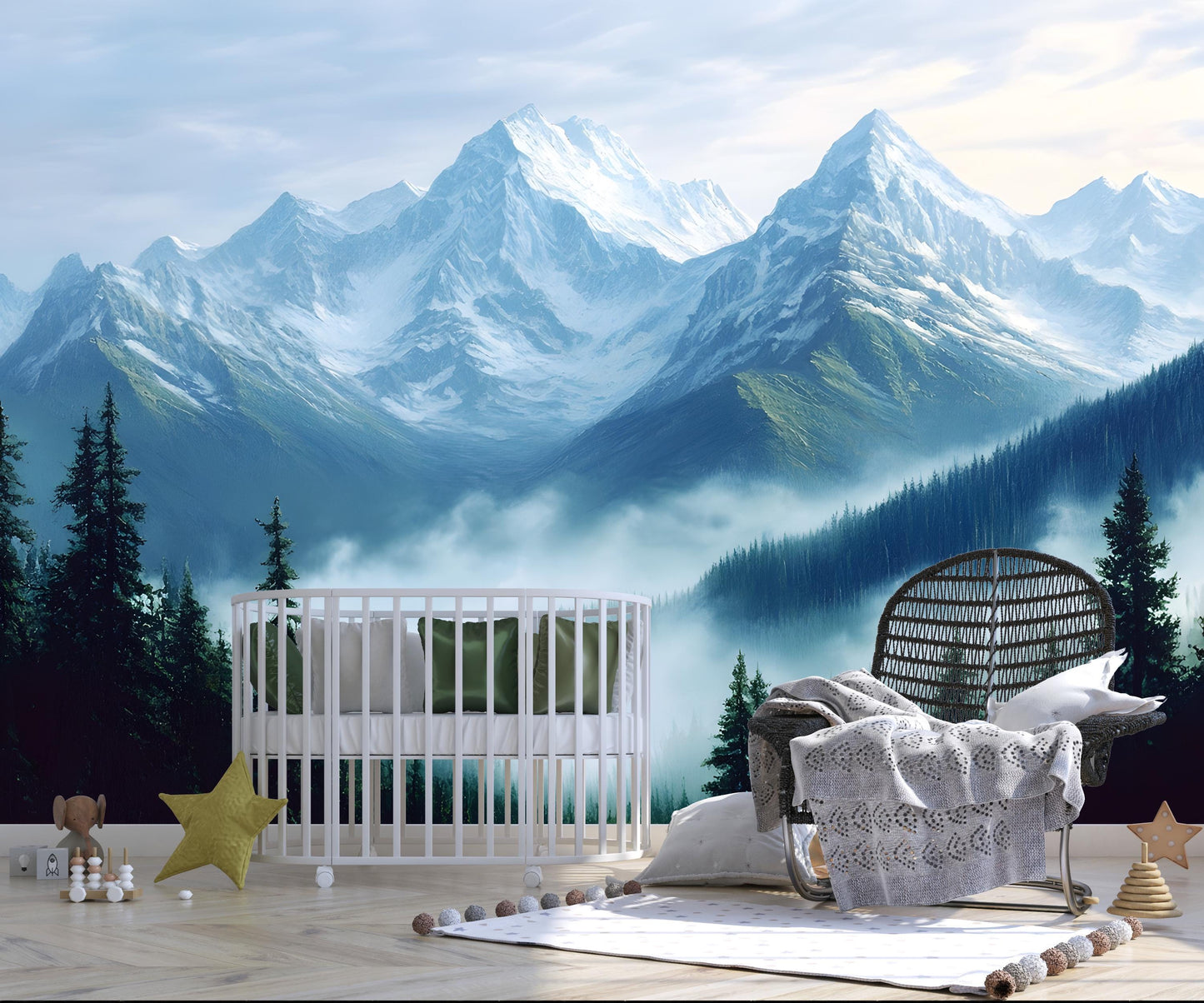 Mountain Nursery Wall Art Mural – Misty Forest Crib Backdrop – Gender Neutral Baby Room Decor – Scenic Wallpaper for Kids Room Vn096