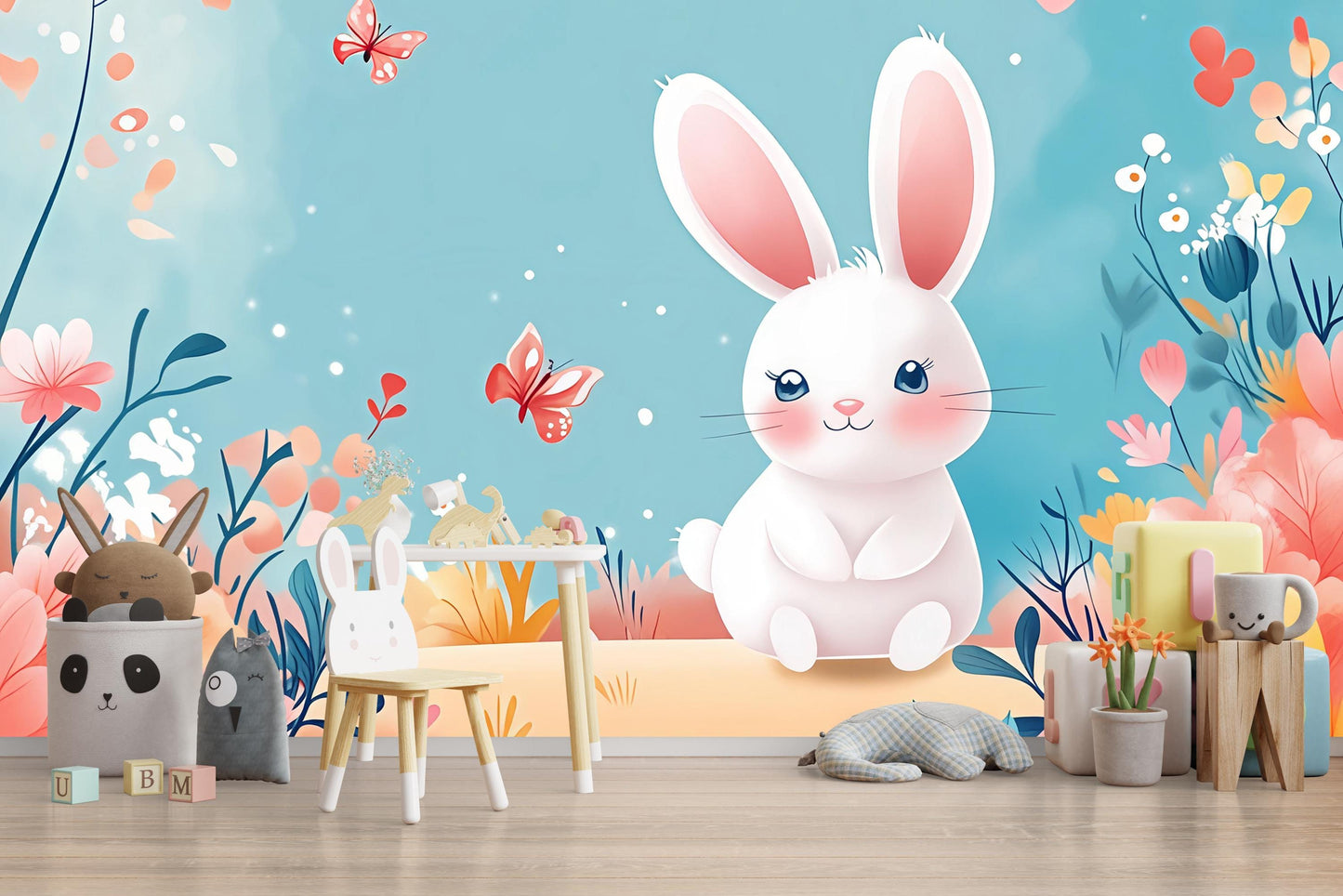 Whimsical Bunny Nursery Wall Mural | Pastel Animal Kids Room Decor | Cute Rabbit Wallpaper for Baby Girl Room Vn436