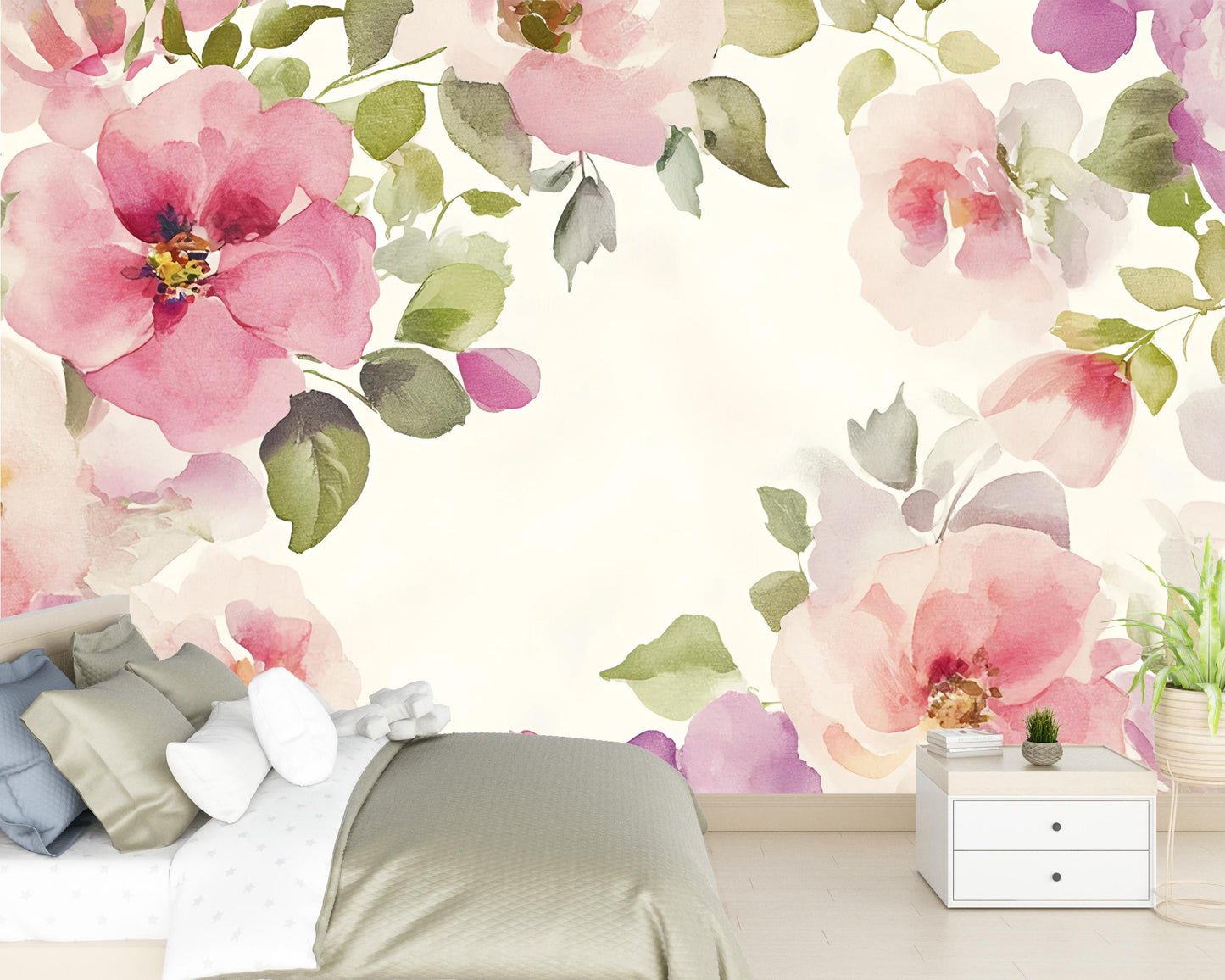 Floral Watercolor Wall Mural – Large Pink Purple Flower Wallpaper – Romantic Bedroom Accent Wall Art Vn347