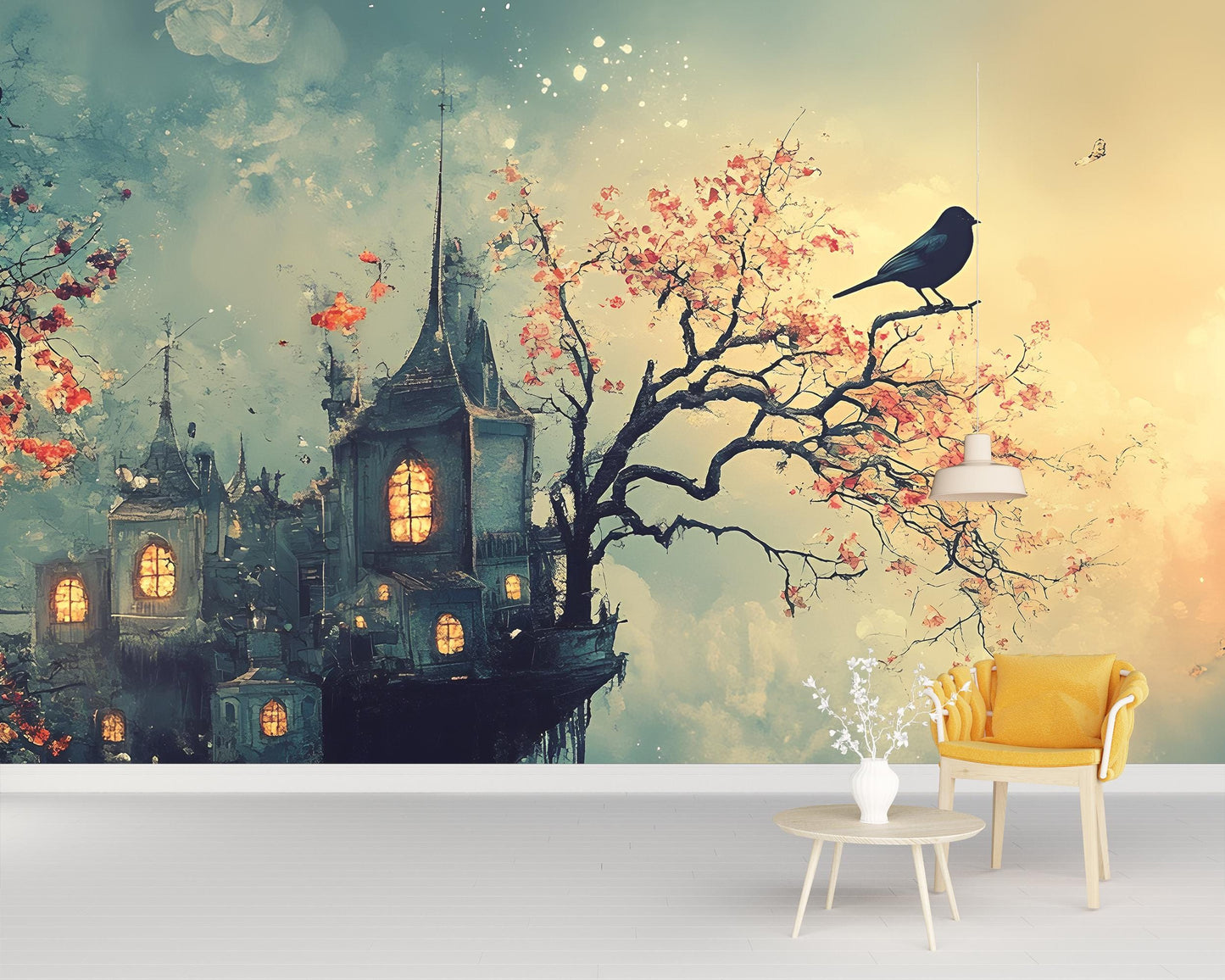Fantasy Castle Wall Mural | Whimsical Gothic Art Print | Enchanted Tree Bird Sunset Tapestry | Magical Dreamscape Wall Décor Vn188