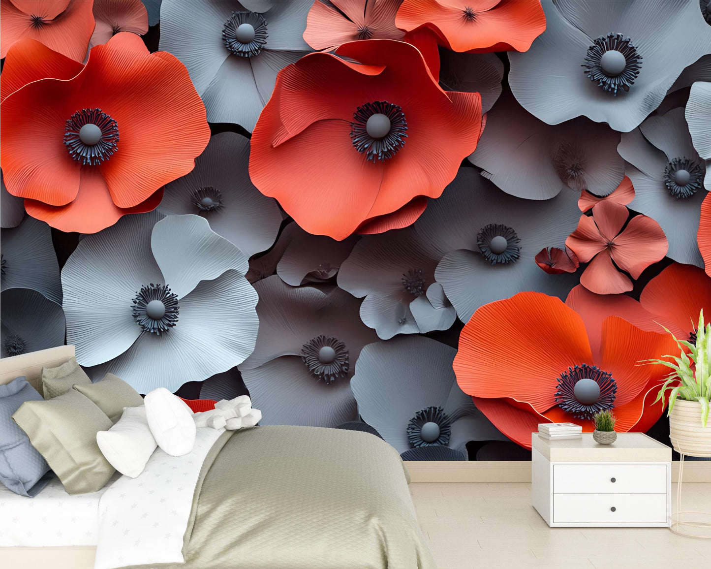 3D Red Gray Floral Wall Mural, Modern Large Flower Wallpaper, Bold Bedroom Accent Art Vn327