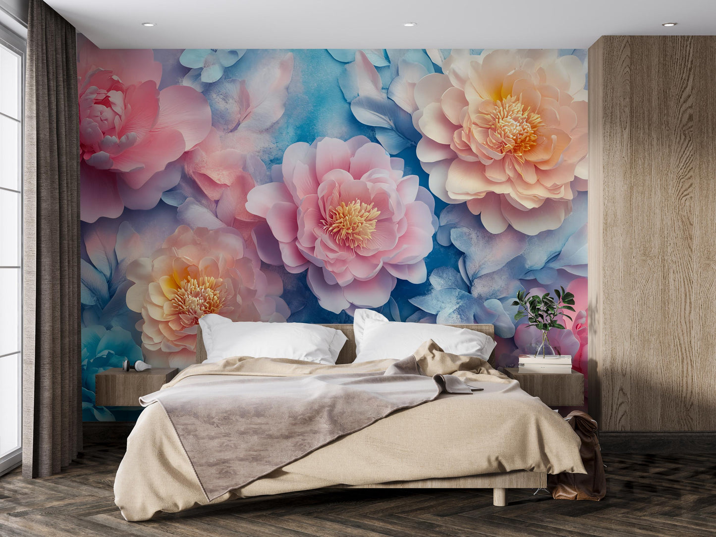 Large Floral Wall Mural | Pink Peony Flower Wallpaper | Romantic Botanical Bedroom Decor Vn470