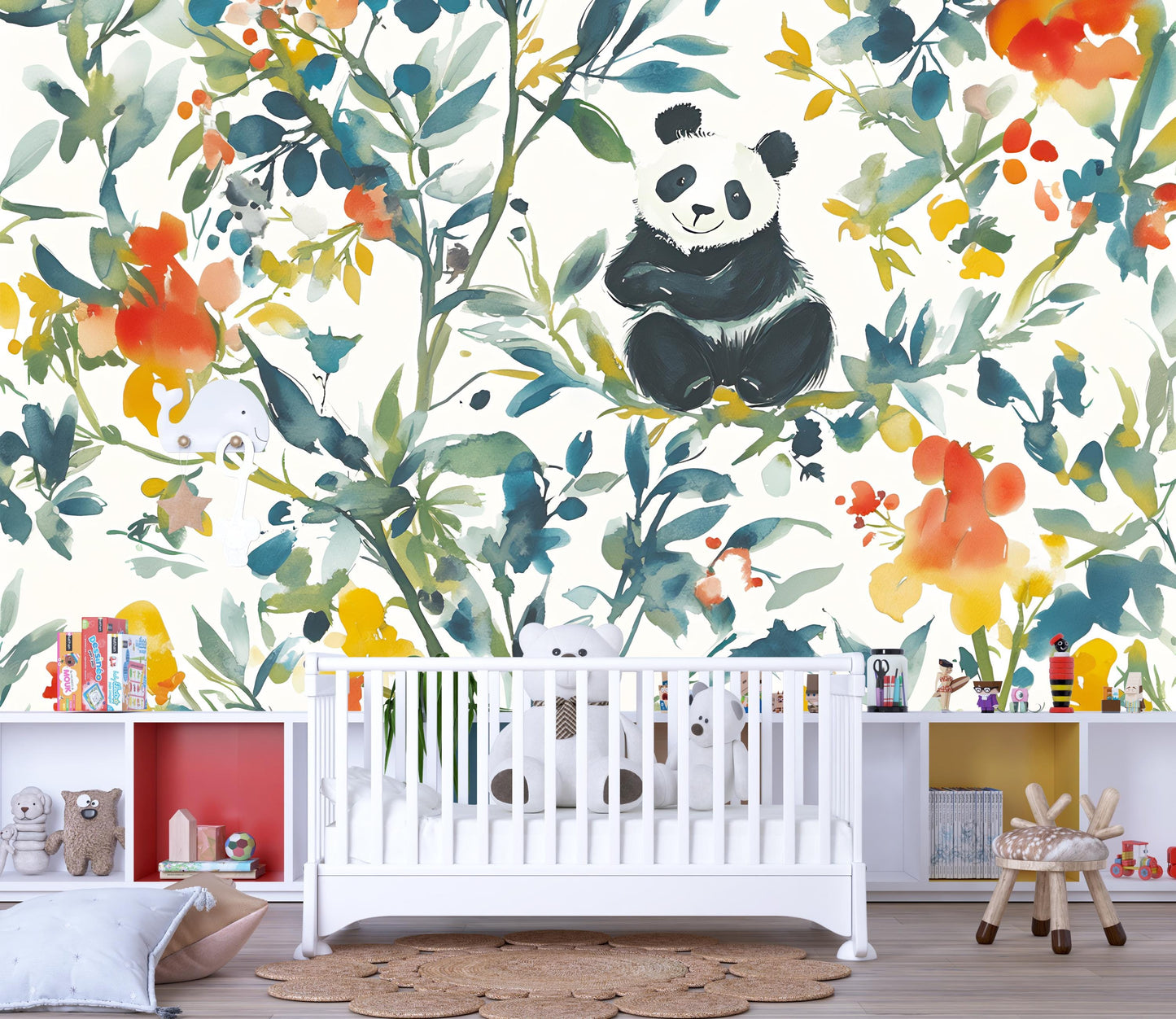 Panda Wall Mural Watercolor Nursery | Jungle Animal Wallpaper | Kids Room Botanical Panda Decor | Removable Peel Stick Wallpaper Vn109