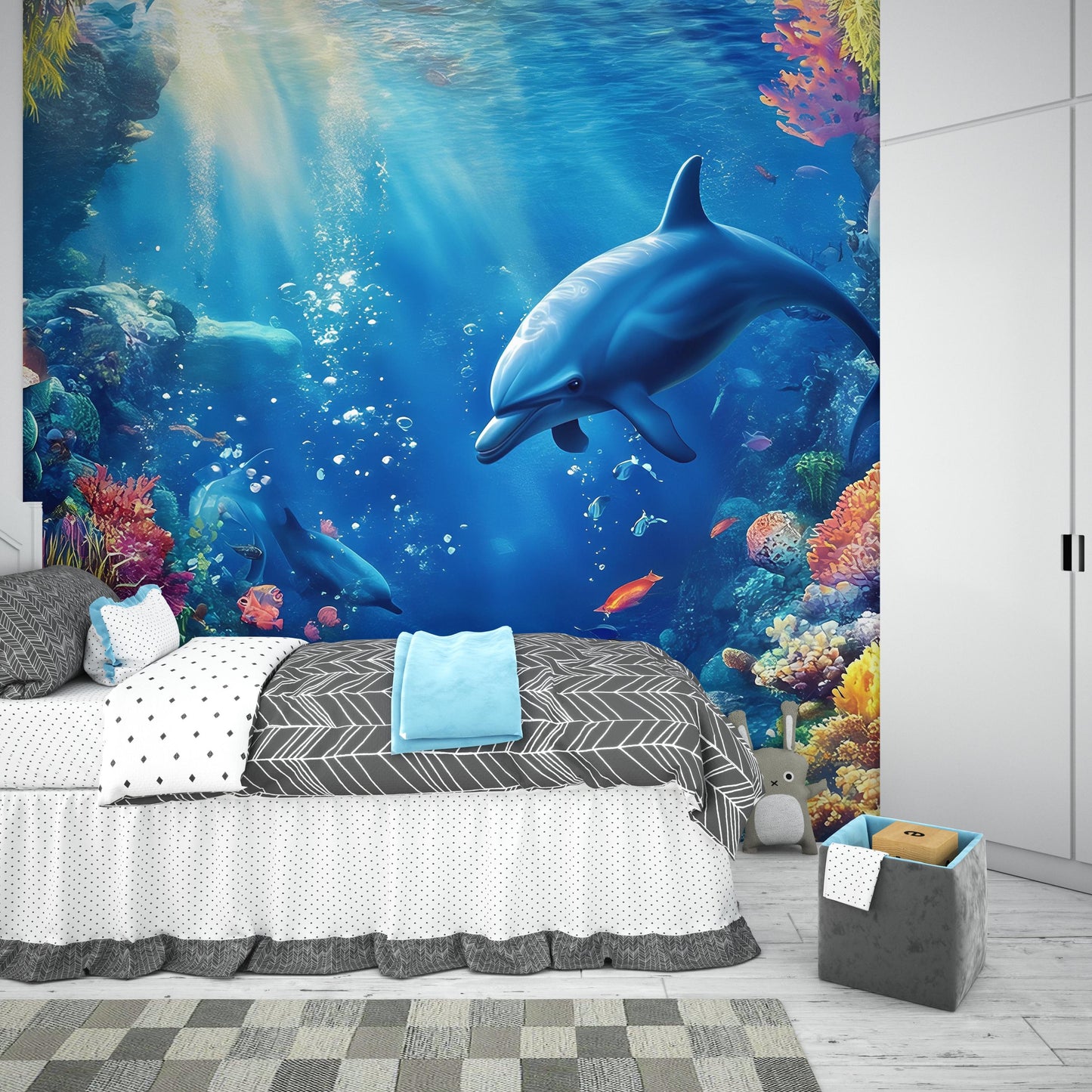Underwater Ocean Wall Mural – Dolphin Coral Reef Wallpaper – 3D Sea Life Decor for Bedroom or Kids Room Vn253