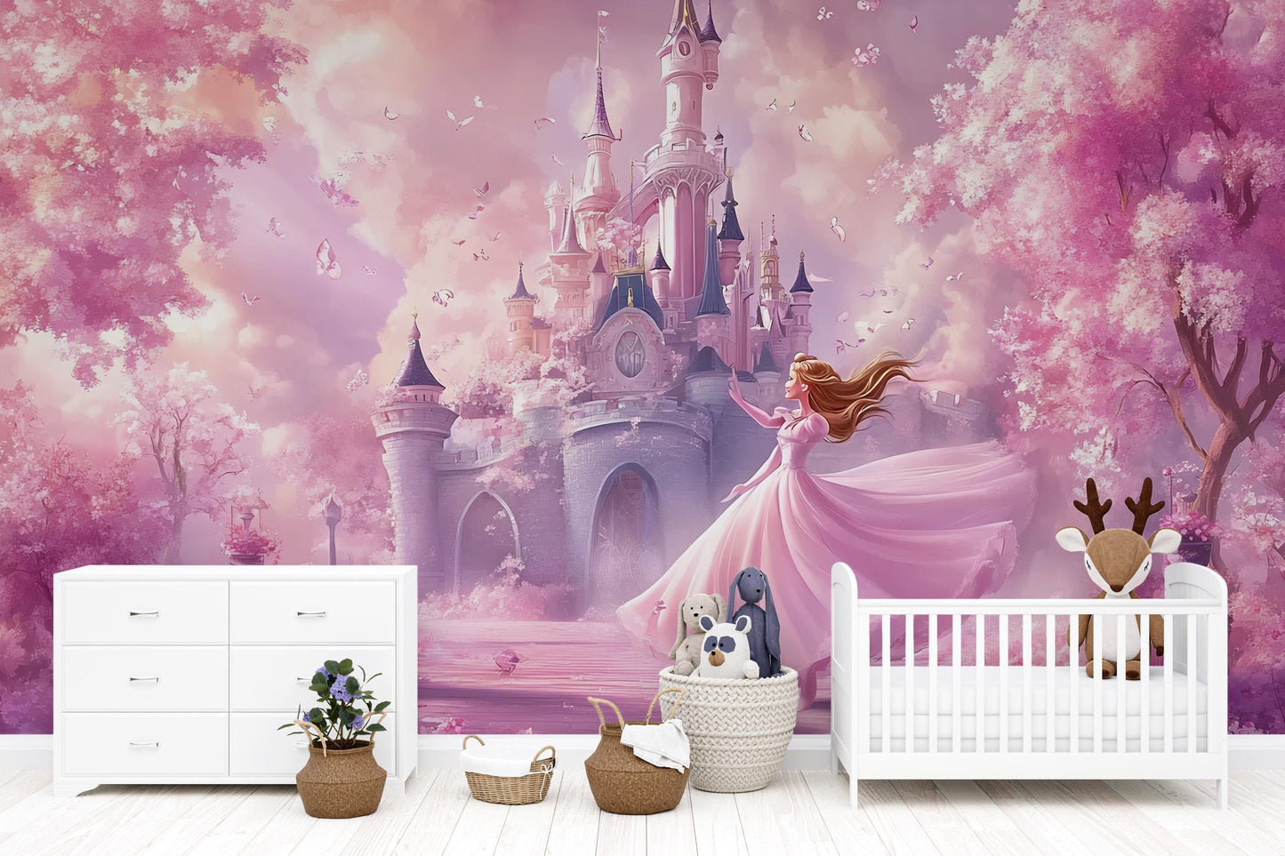 Princess Castle Wall Mural - Pink Fairy Tale Wallpaper for Girls Bedroom, Fantasy Castle Nursery Decor Vn366