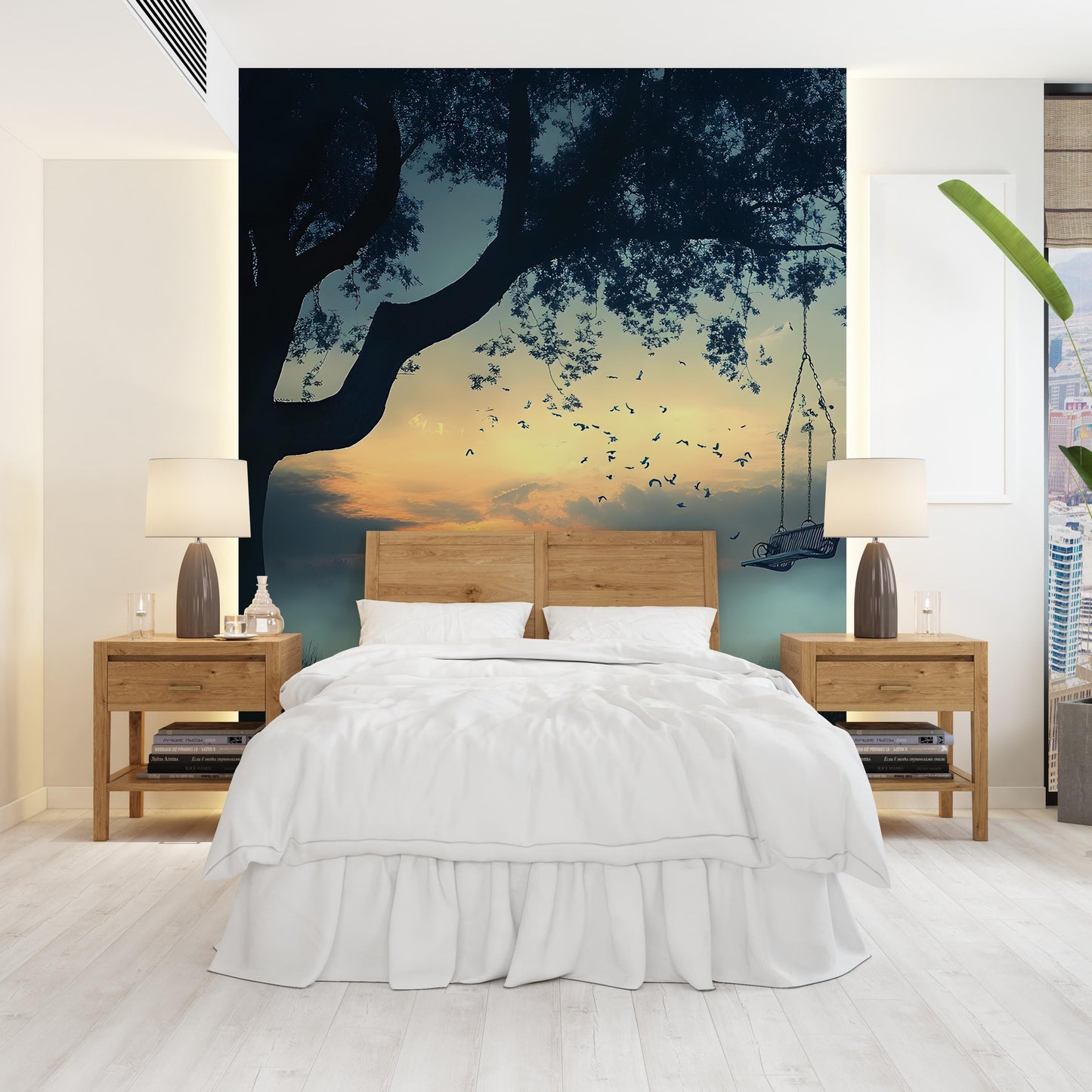 Tree Swing Sunset Wall Mural – Serene Forest Bedroom Wallpaper, Nature Landscape Art for Modern Home Decor Vn097