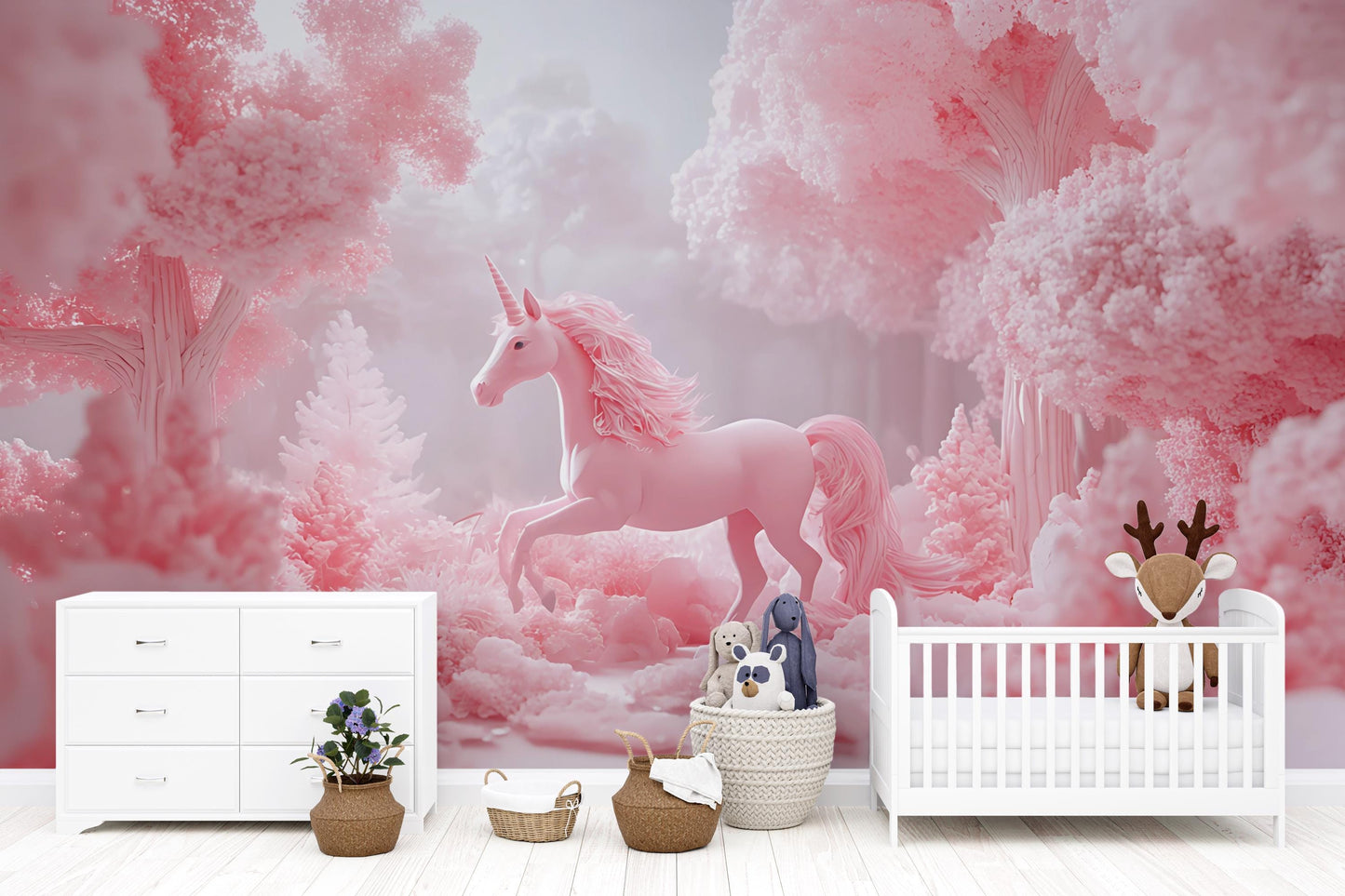 Pink Unicorn Forest Wall Mural | Dreamy Fantasy Wallpaper for Kids Room | Whimsical Pastel Nursery Decor Vn 299