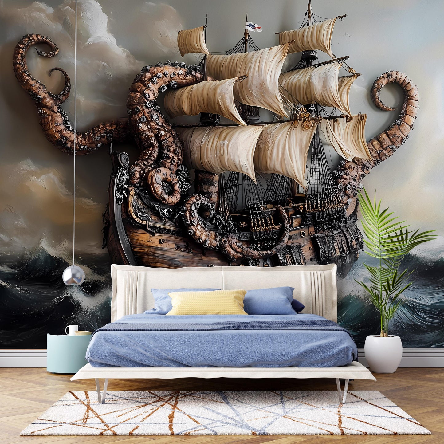 Kraken Ship Wall Mural | Nautical Pirate Bedroom Decor | Giant Octopus Sea Battle Art Print Vn073