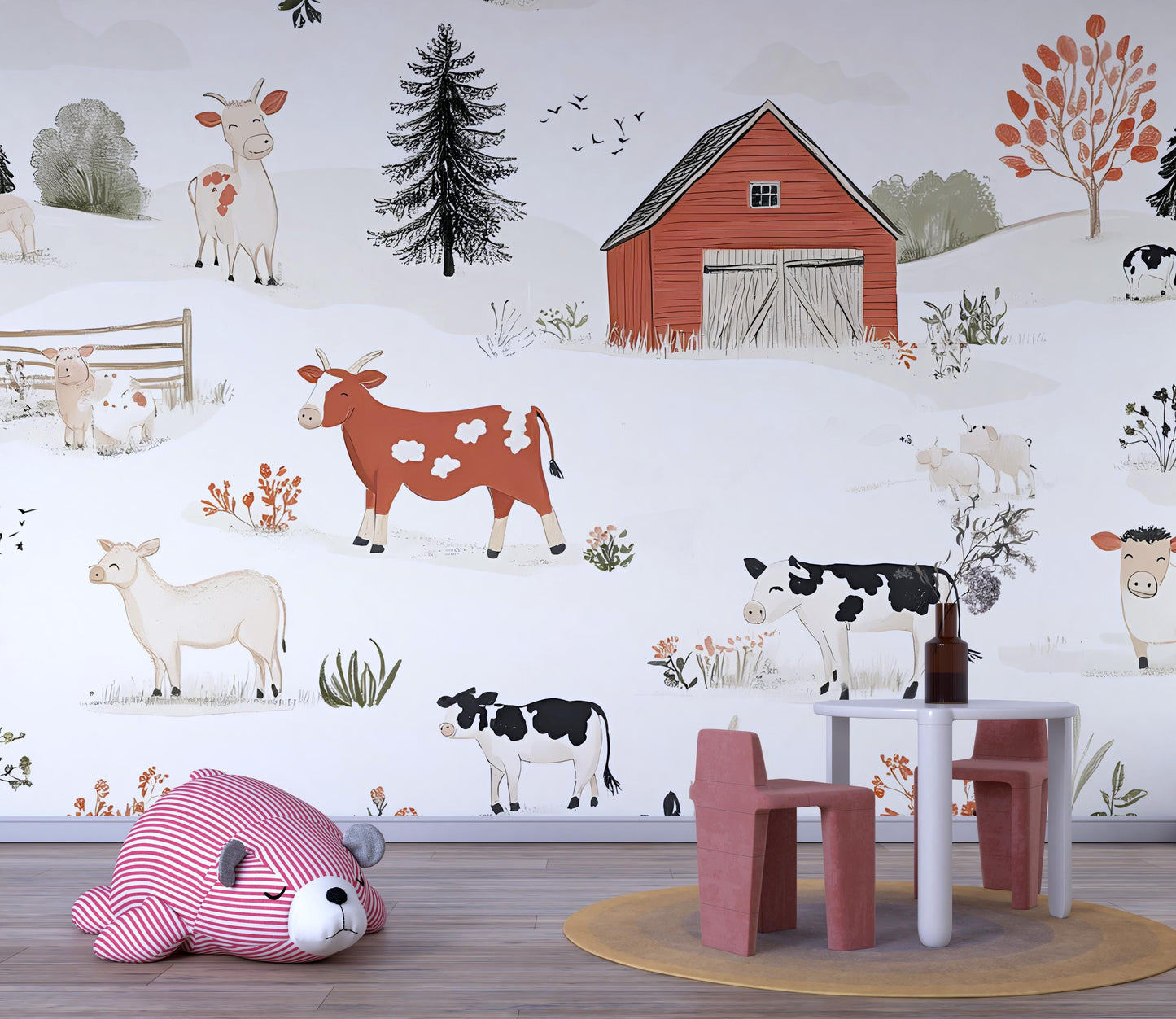 Farm Animal Wall Mural for Kids Room – Cute Cow Barn Nursery Wallpaper – Removable Playroom Decor – Country Farmhouse Art Vn314