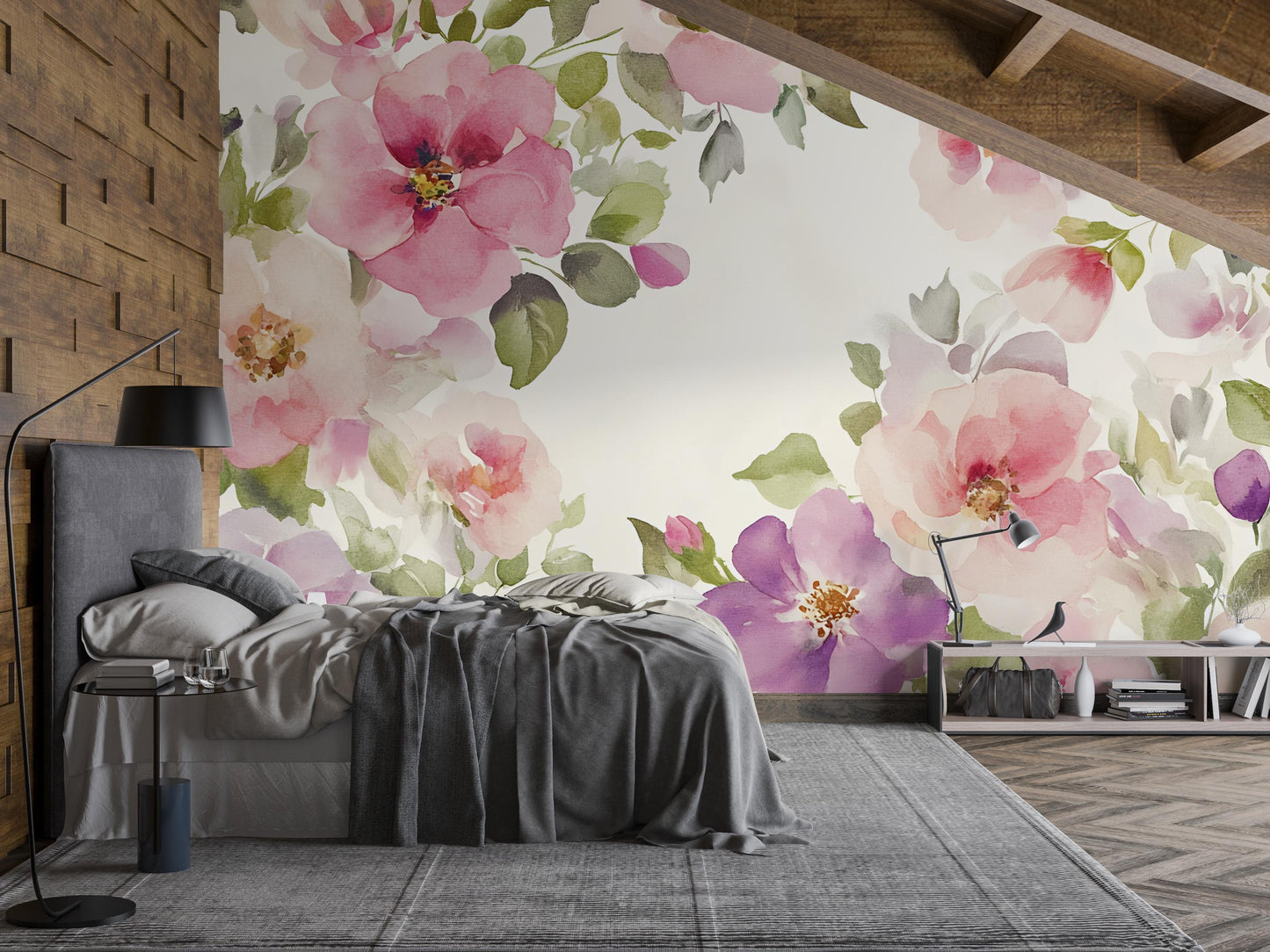 Floral Watercolor Wall Mural – Large Pink Purple Flower Wallpaper – Romantic Bedroom Accent Wall Art Vn347