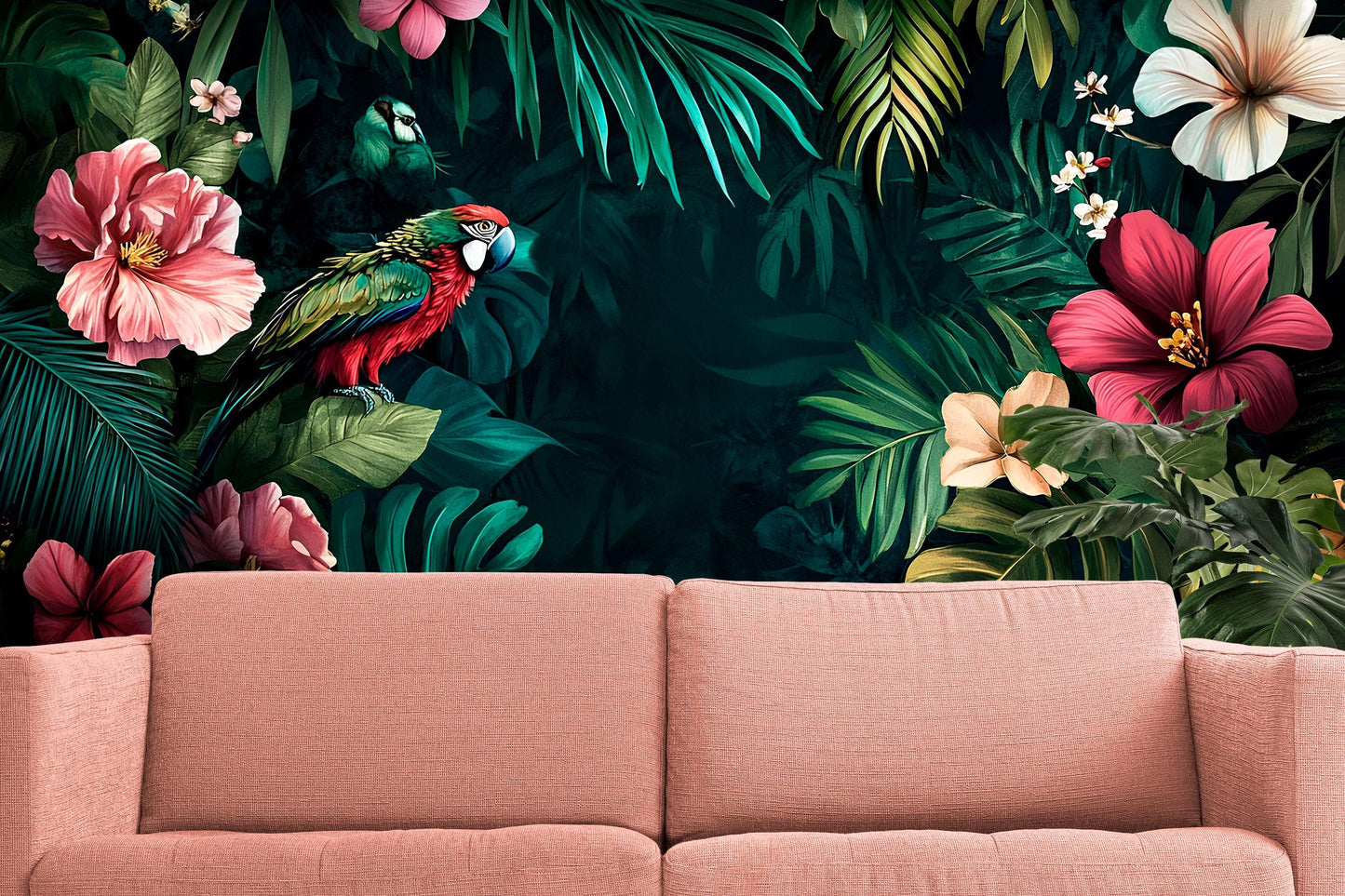 Tropical Parrot Jungle Wall Mural – Exotic Floral Wallpaper with Hibiscus & Macaw for Living Room or Office Accent Wall Vn214