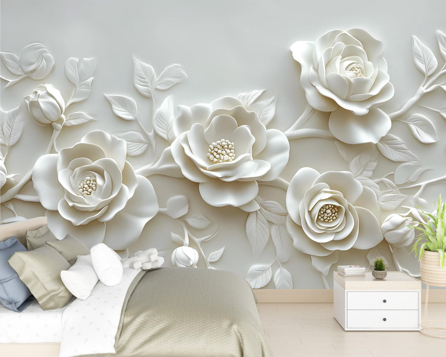 3D Floral Wall Mural for Bedroom – Elegant White Rose Wallpaper – Luxury Textured Flower Wall Art – Romantic Botanical Wall Decor Vn473