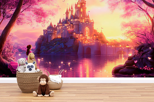 Fairy Tale Castle Wall Mural for Nursery | Princess Theme Kids Room Decor | Magical Baby Girl Room Wallpaper | Dreamy Pink Castle Art Vn365