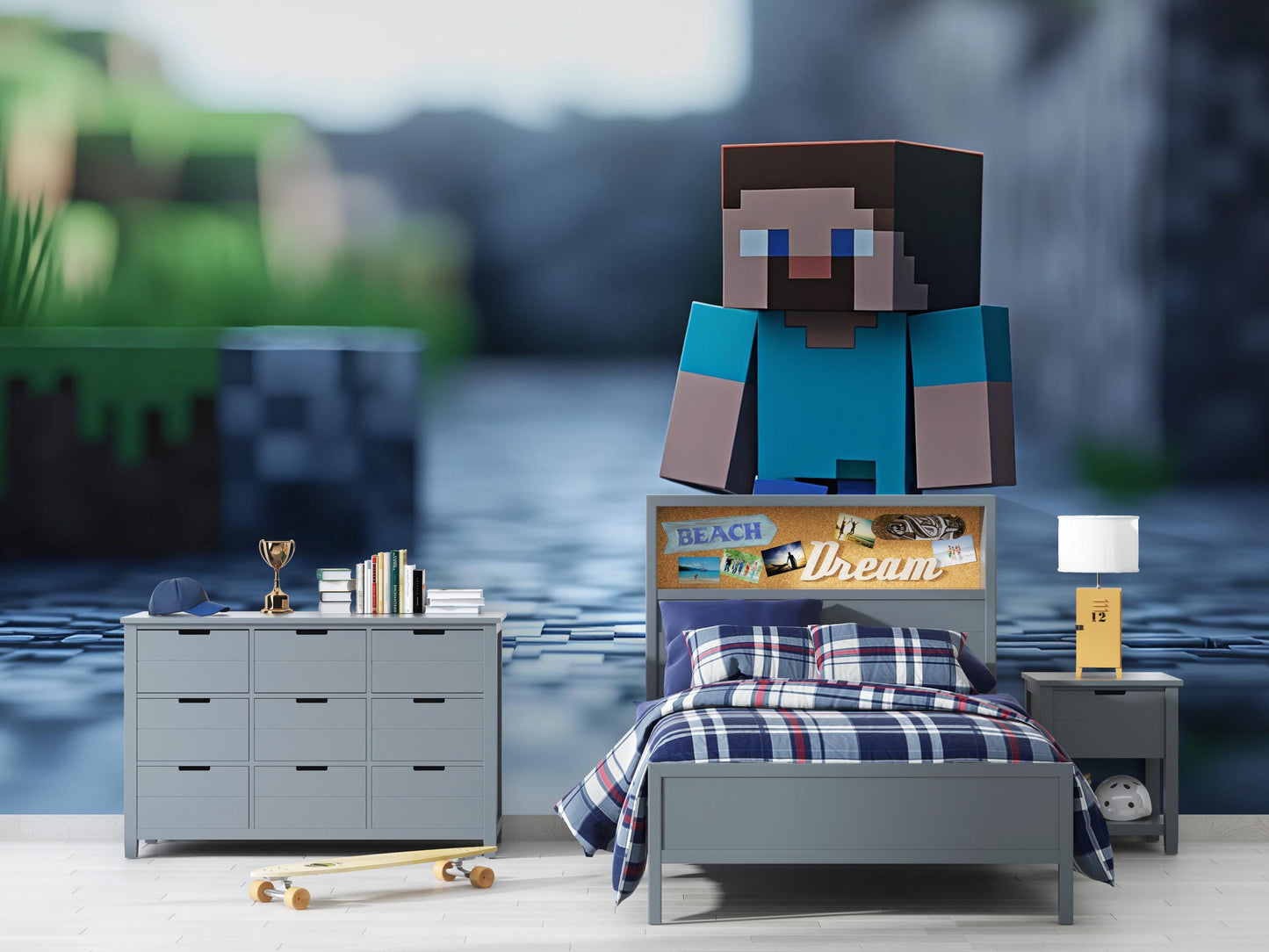 Minecraft Wall Art for Kids Room – Gamer Bedroom Decor with Steve, Pixel Style Mural for Boys, Video Game Nursery Art Vn282