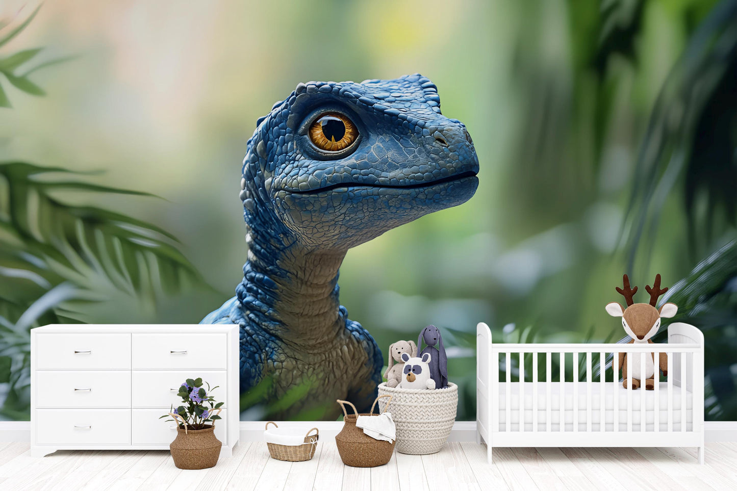 Blue Dinosaur Wall Mural for Kids Room – Realistic Raptor Jungle Wallpaper – Nursery or Playroom Decor Vn411