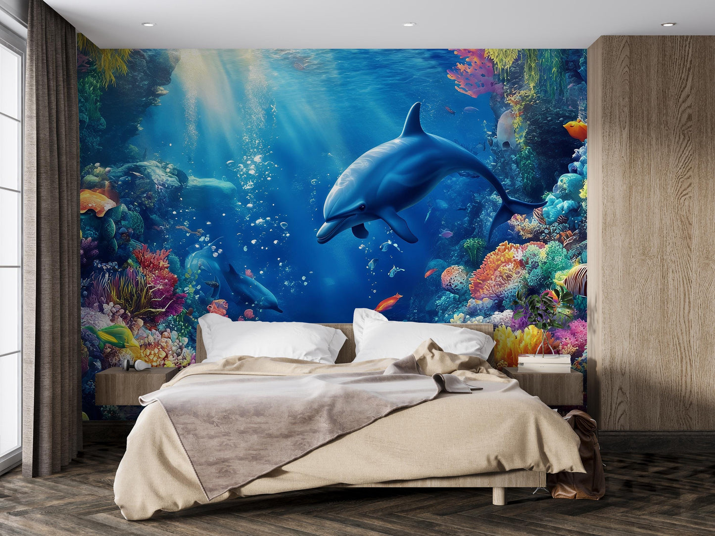 Underwater Ocean Wall Mural – Dolphin Coral Reef Wallpaper – 3D Sea Life Decor for Bedroom or Kids Room Vn253