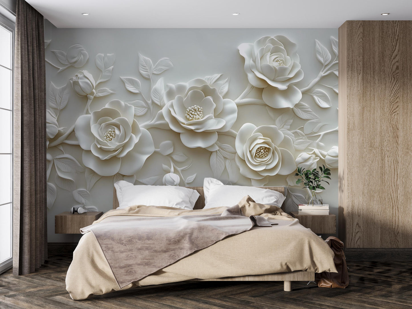 3D Floral Wall Mural for Bedroom – Elegant White Rose Wallpaper – Luxury Textured Flower Wall Art – Romantic Botanical Wall Decor Vn473