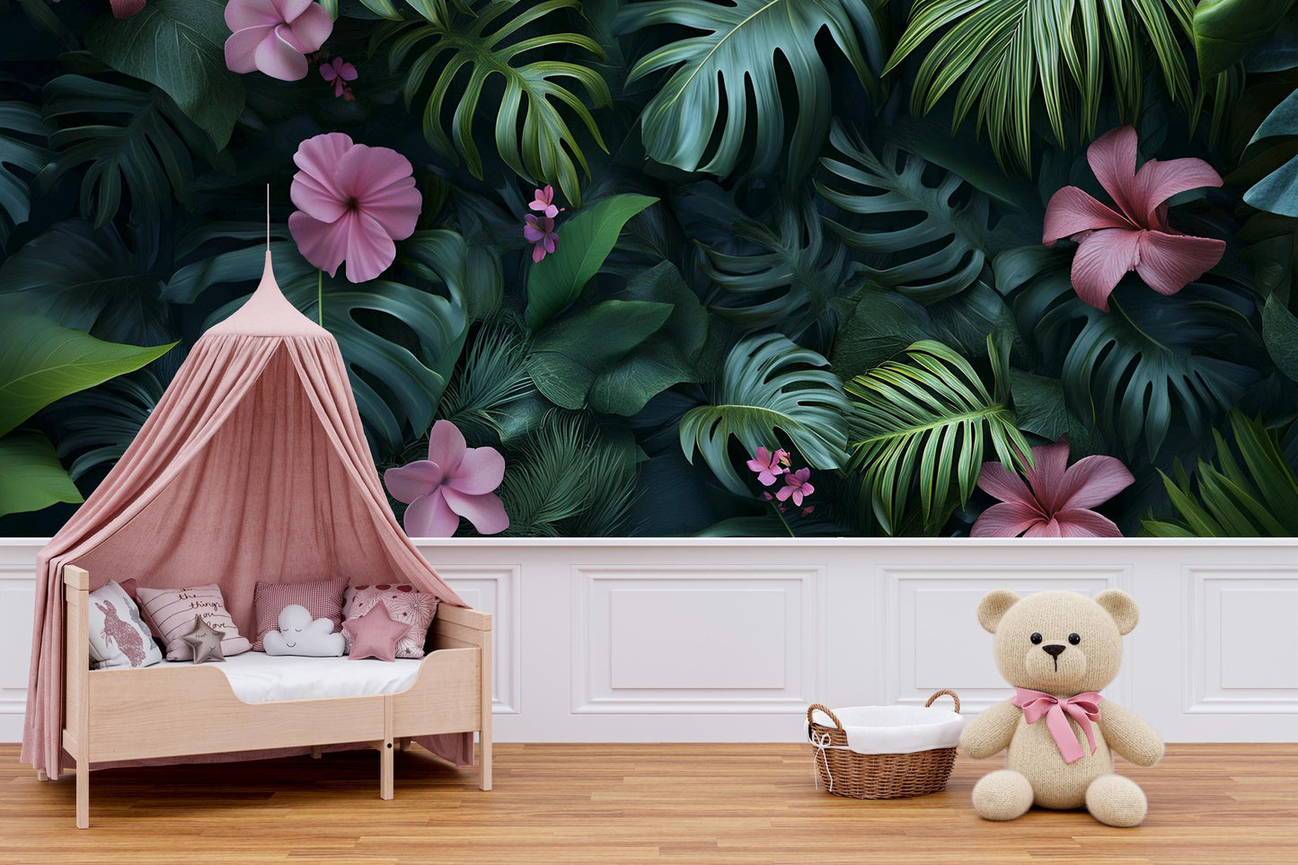 Tropical Jungle Wall Mural for Kids Room – Botanical Leaf & Flower Wallpaper – Removable Peel and Stick Wall Art Vn233