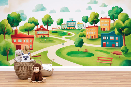 Whimsical Kids Wall Mural – Colorful Village Landscape Wallpaper for Nursery or Playroom – Peel and Stick Removable Mural Vn420