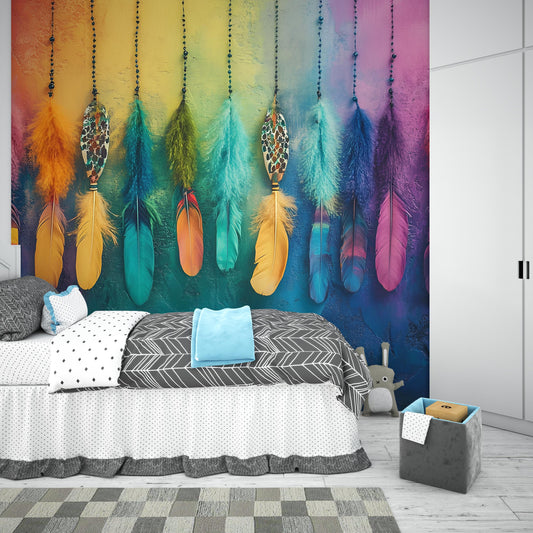 Boho Rainbow Feather Wall Mural | Colorful Feather Art Wallpaper | Vibrant Bedroom Decor | Dreamcatcher-Inspired Accent Wall Vn391