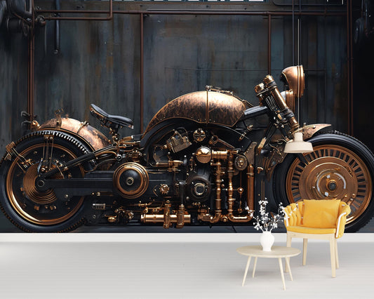 Steampunk Motorcycle Wall Mural | Industrial Office Art | Bold Vintage Decor Vn378