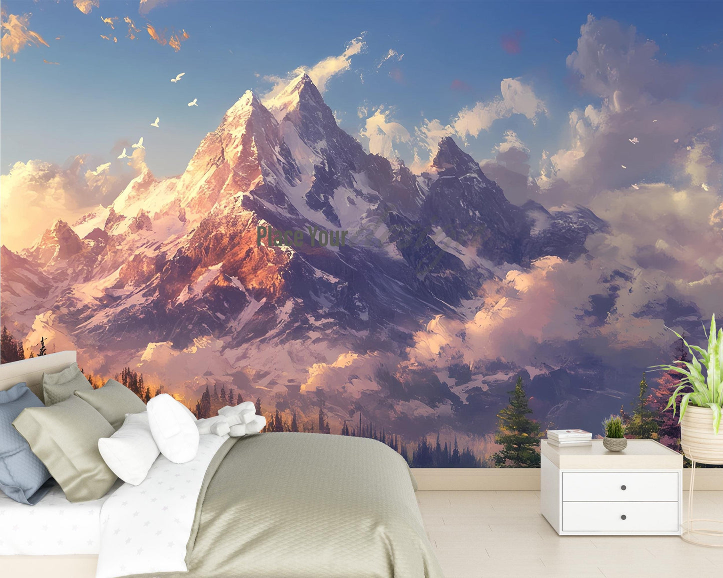 Mountain Wall Mural – Scenic Nature Landscape Wallpaper for Bedroom | Serene Forest & Alpine Peaks | Cozy Cabin Wall Art Décor Vn250