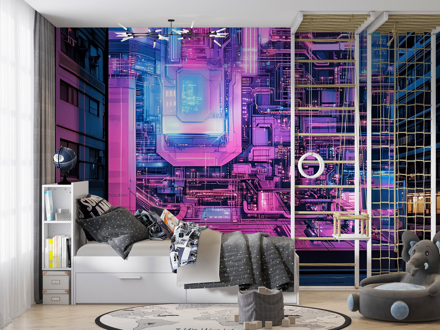 Futuristic Cityscape Wall Art - Neon Circuit Mural, Sci-Fi Astronaut Decor Vn195