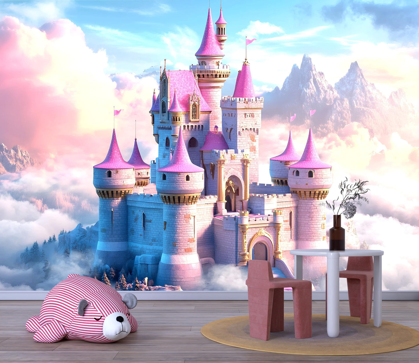 Fairytale Castle Wall Mural for Nursery | Princess Dreamland Wallpaper | Pink Castle Kids Room Decor | Fantasy Baby Girl Backdrop Vn367