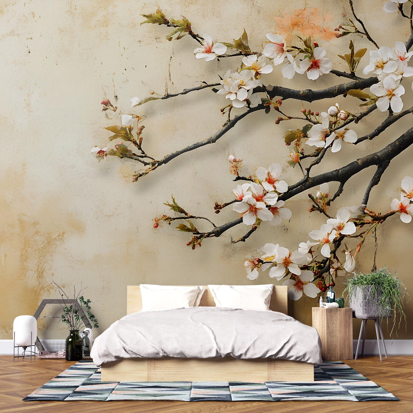 Cherry Blossom Wall Mural – Japanese Floral Branch Wallpaper for Bedroom Decor, Elegant Nature-Inspired Accent Wall Art Vn489