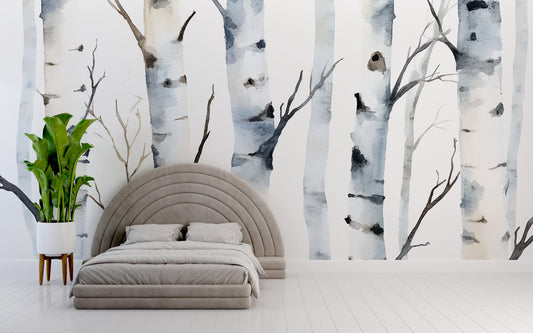 Watercolor Birch Tree Wall Mural | Forest Wallpaper for Bedroom | Scandinavian Nature Wall Art | Removable Peel and Stick Mural Vn487
