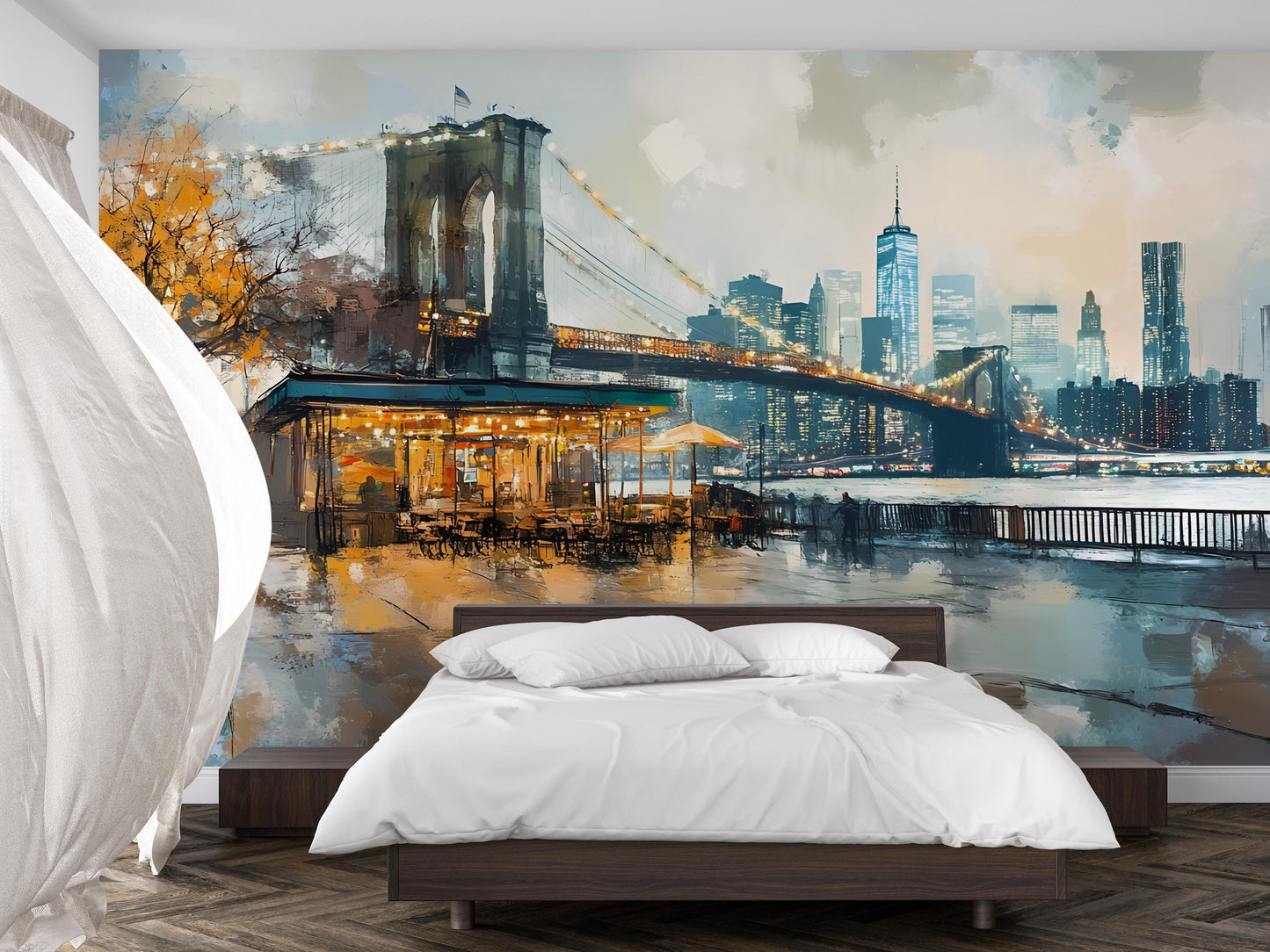 Cityscape Wall Mural - Brooklyn Bridge at Night Art Print Vn370