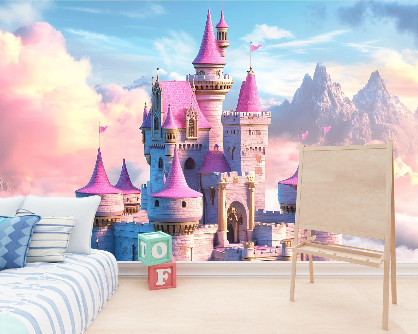 Fairytale Castle Wall Mural for Nursery | Princess Dreamland Wallpaper | Pink Castle Kids Room Decor | Fantasy Baby Girl Backdrop Vn367