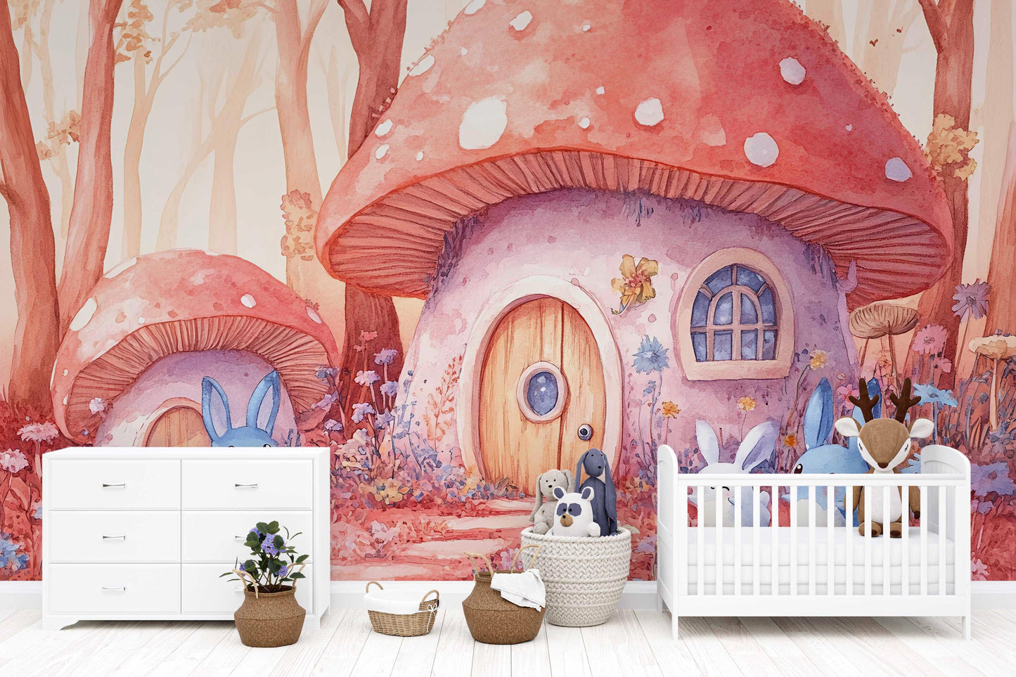 Whimsical Mushroom Forest Bunny Wall Mural – Cute Woodland Animal Nursery Wallpaper – Removable Baby Room Decor for Girls & Boys Vn446