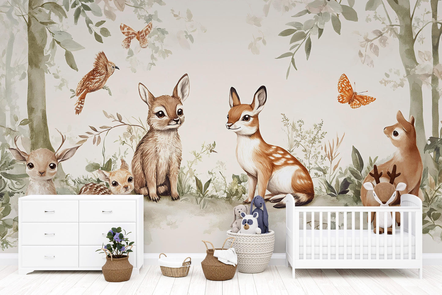 Woodland Animal Nursery Wall Mural – Forest Theme Peel and Stick Wallpaper – Baby Deer Bunny Squirrel Wall Art for Kids Room Vn247