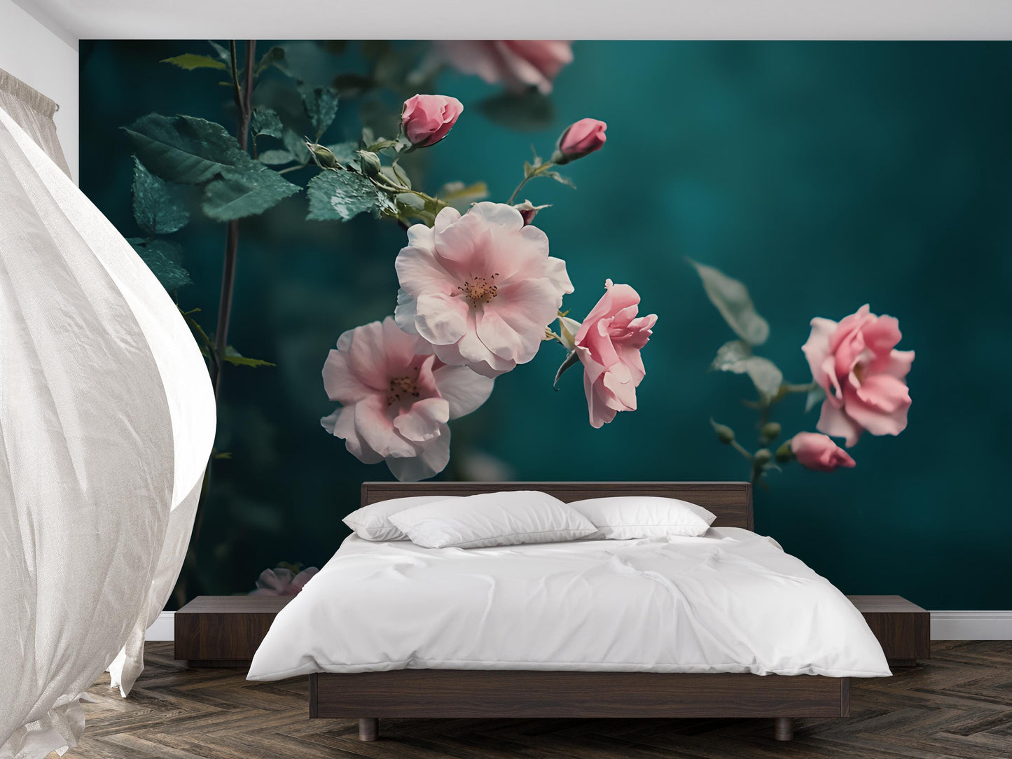 Romantic Pink Rose Wall Mural for Bedroom – Floral Nature Wallpaper Art – Large Botanical Accent Wall Decor Vn211