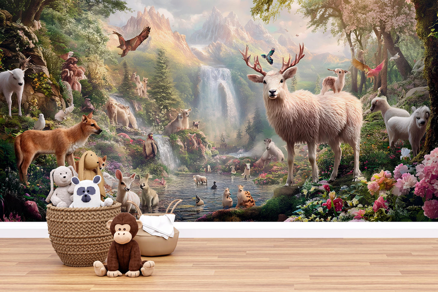 Whimsical Animal Forest Mural - Woodland Waterfall Nature Scene - Nursery Wall Art - Deer, Fox, Bird Fantasy Wallpaper Print Vn293