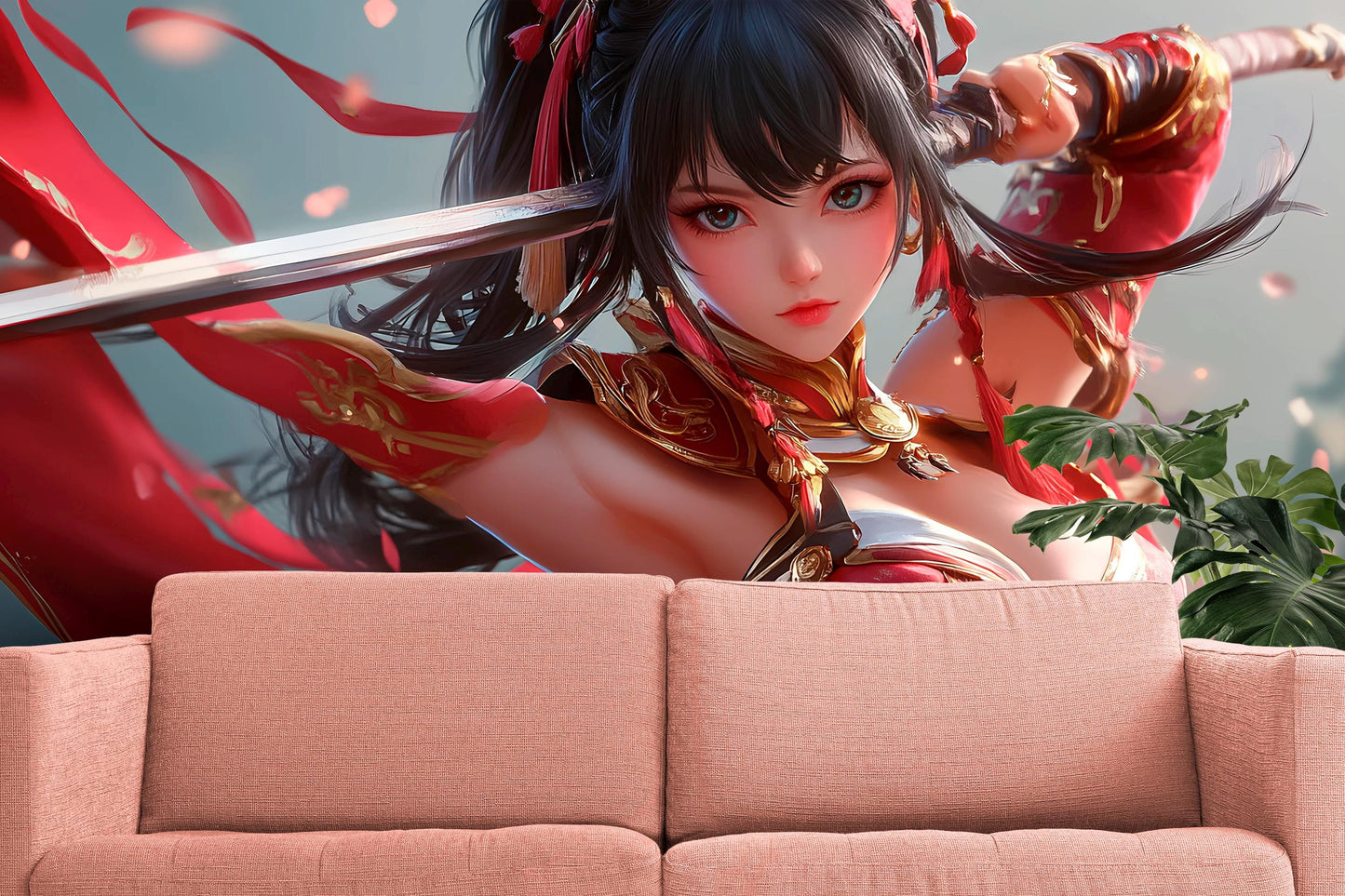 Anime Girl Warrior Wall Art | Samurai Fantasy Poster | Elegant Red Armor Decor Vn355