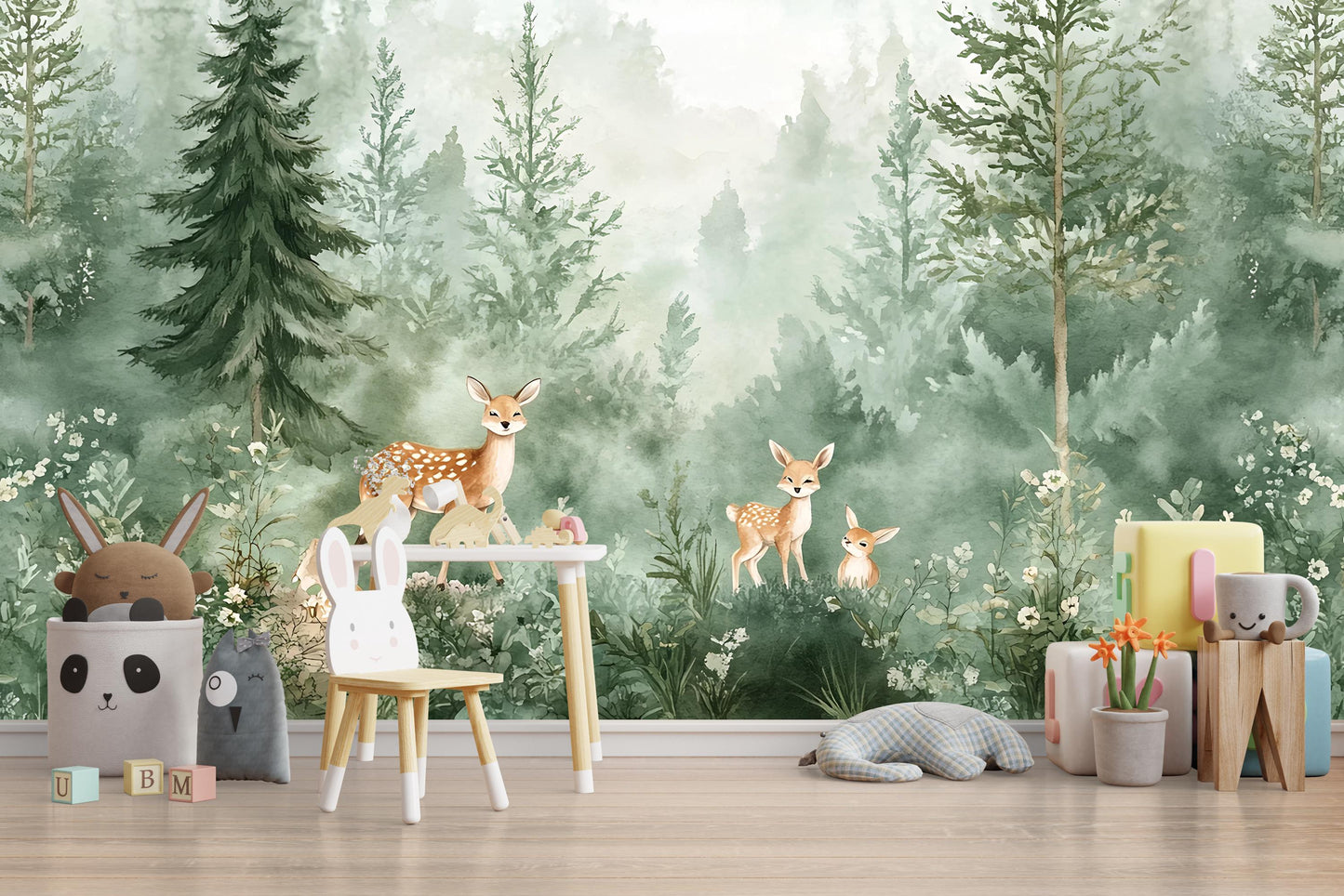 Woodland Deer Forest Wall Mural – Nursery Wallpaper for Kids Room, Removable Peel & Stick Animal Wall Art Vn263