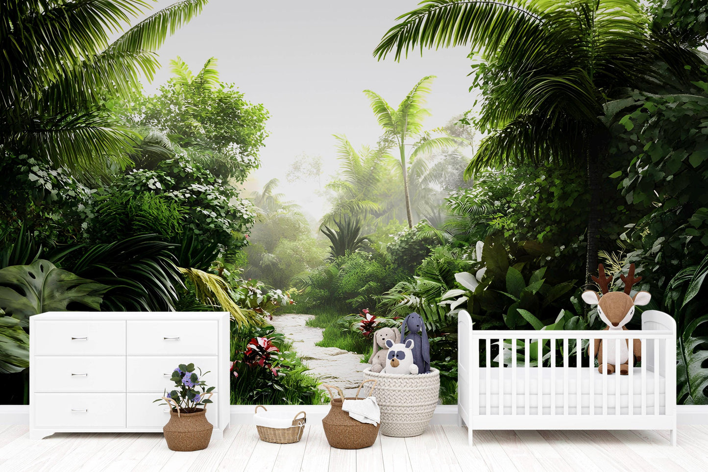Jungle Wall Mural for Kids Room – Tropical Forest Wallpaper – Nursery Wall Decor – Realistic Nature Mural – Lush Greenery Vn045