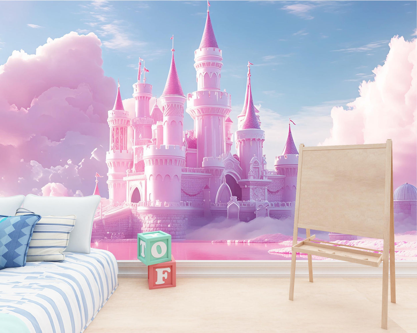 Pink Princess Castle Wall Mural for Kids Room – Fantasy Fairytale Wallpaper for Girls Bedroom Nursery – Magical Dreamland Decor Vn358