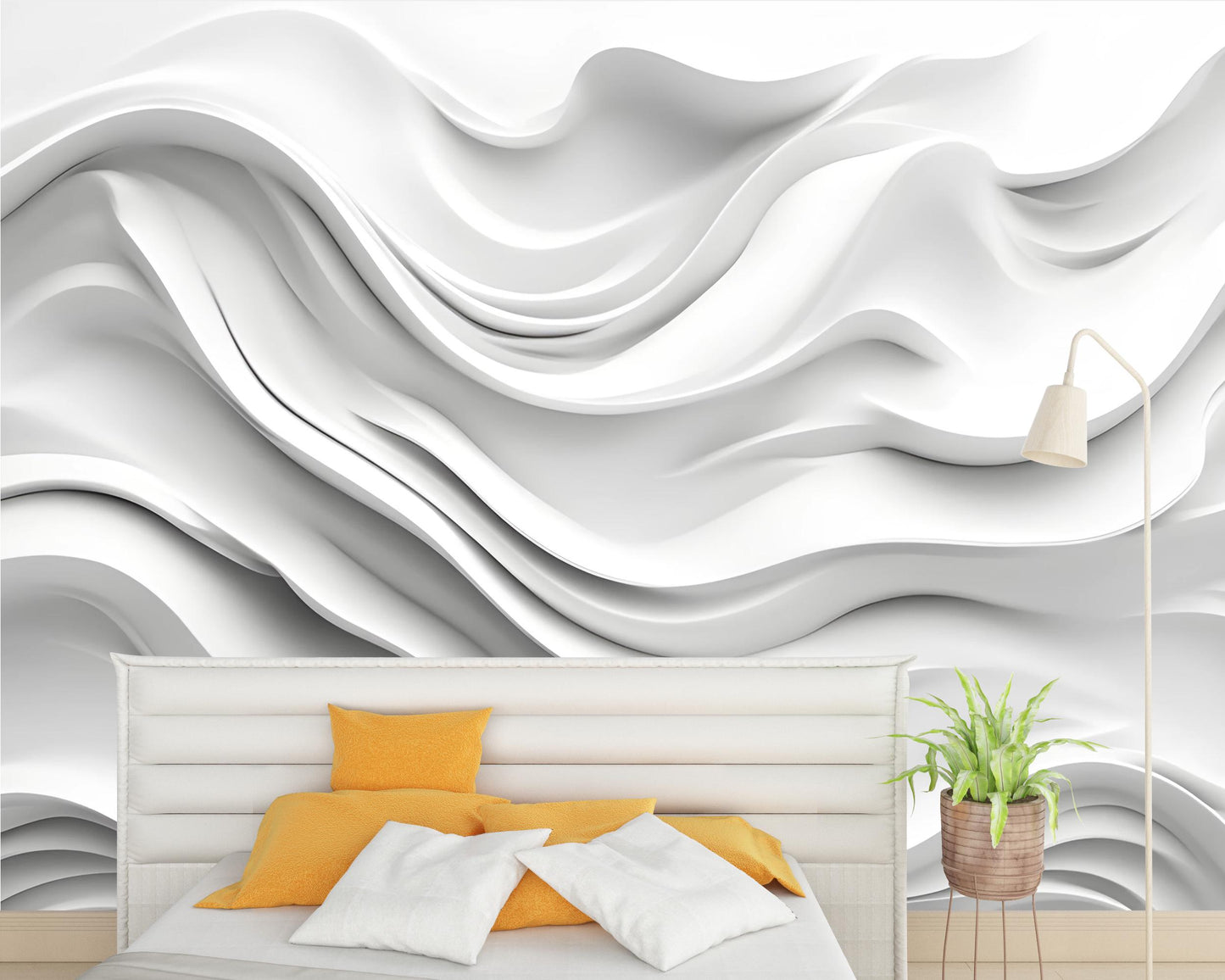3D Abstract Wave Wall Mural – White Textured Wallpaper for Bedroom – Modern Minimalist Large Wall Art – Peel & Stick or Paste Vn236