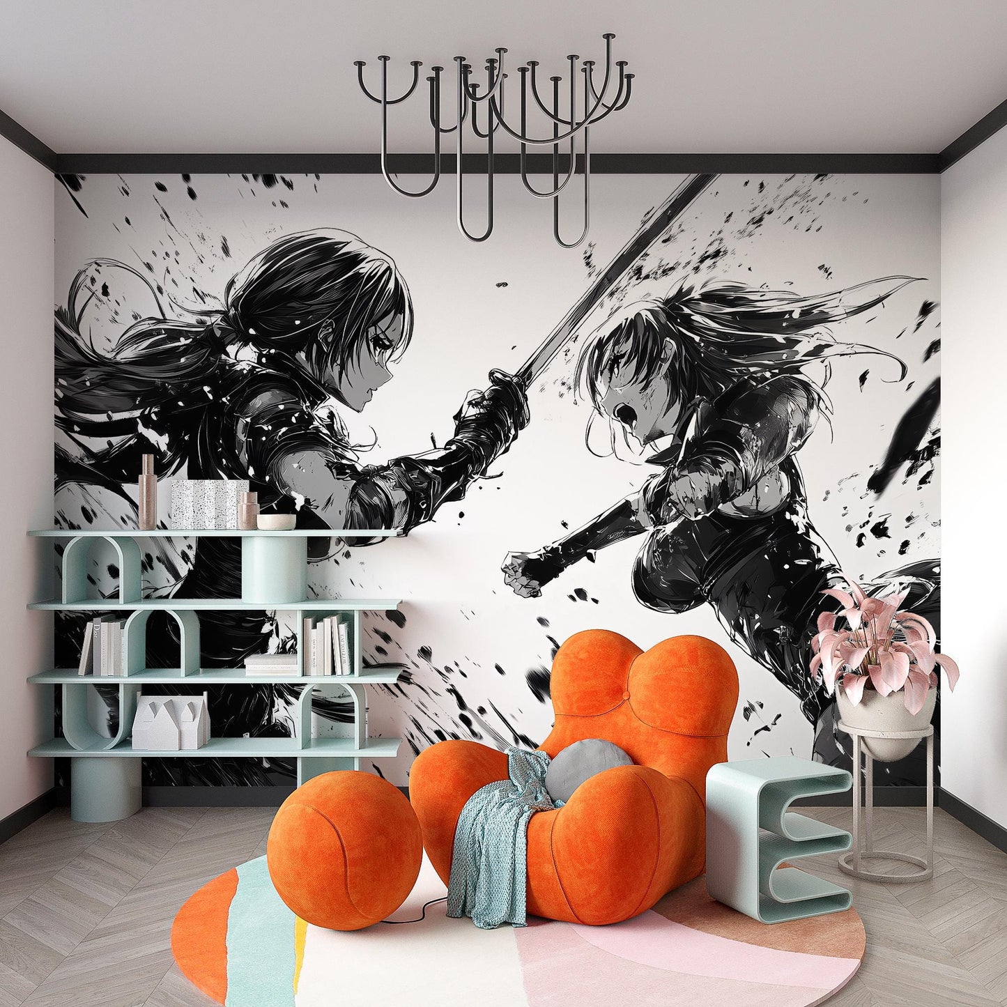 Anime Sword Duel Wall Mural – Black and White Manga Art for Modern Rooms Vn363