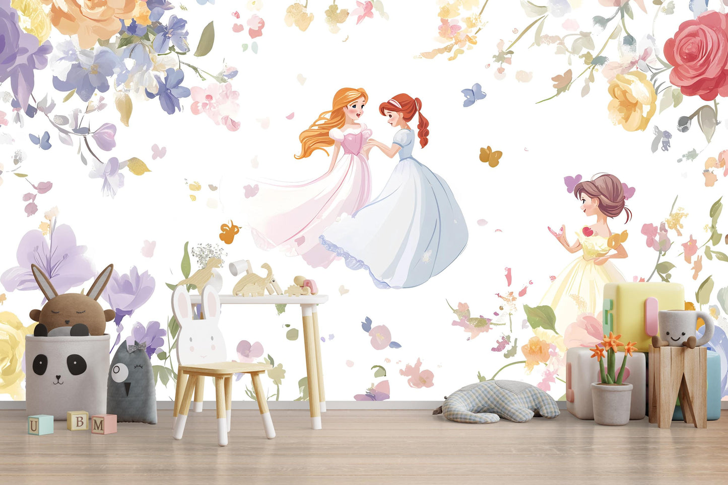Princess Floral Wall Mural for Girls Room – Fairy Tale Wallpaper, Pastel Nursery Decor, Princess Theme Wall Art Vn277