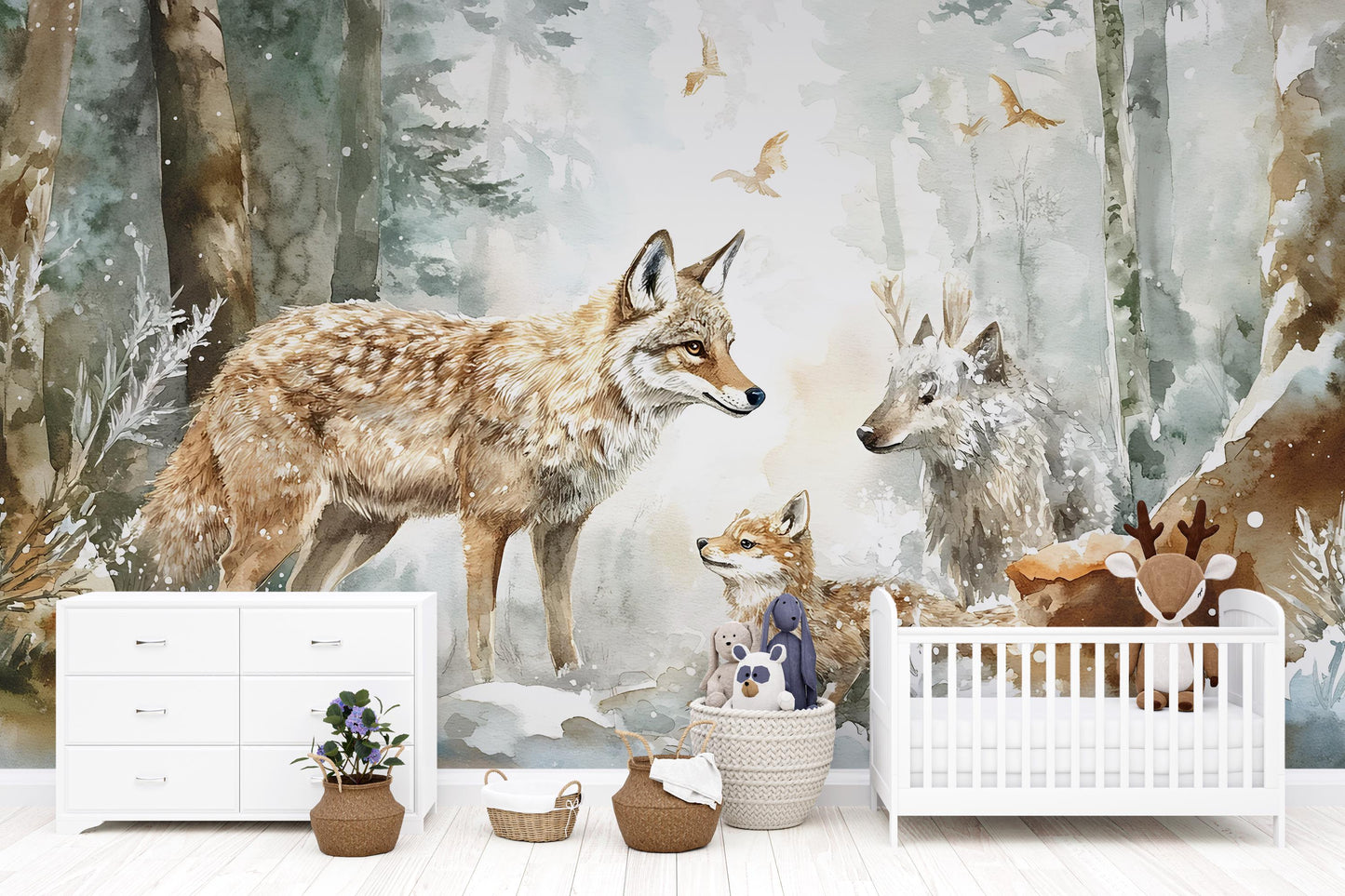 Woodland Animal Wall Mural for Kids Room – Forest Fox Deer Cub Wallpaper – Neutral Nursery Décor – Cozy Scandinavian Style Art Vn342